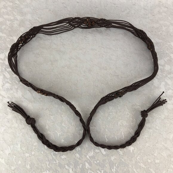 Macrame Brown Bohemian 54” Knotted Cord Belt with Brown Beads and End Tassels - Picture 8 of 8